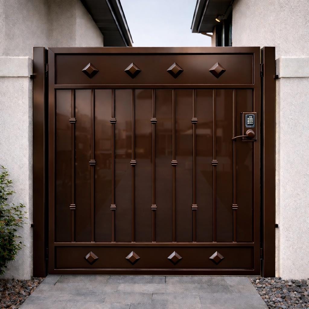 Modern Steel Security Gate – Black Metal Entry Privacy Gate With Keypad Lock Panel