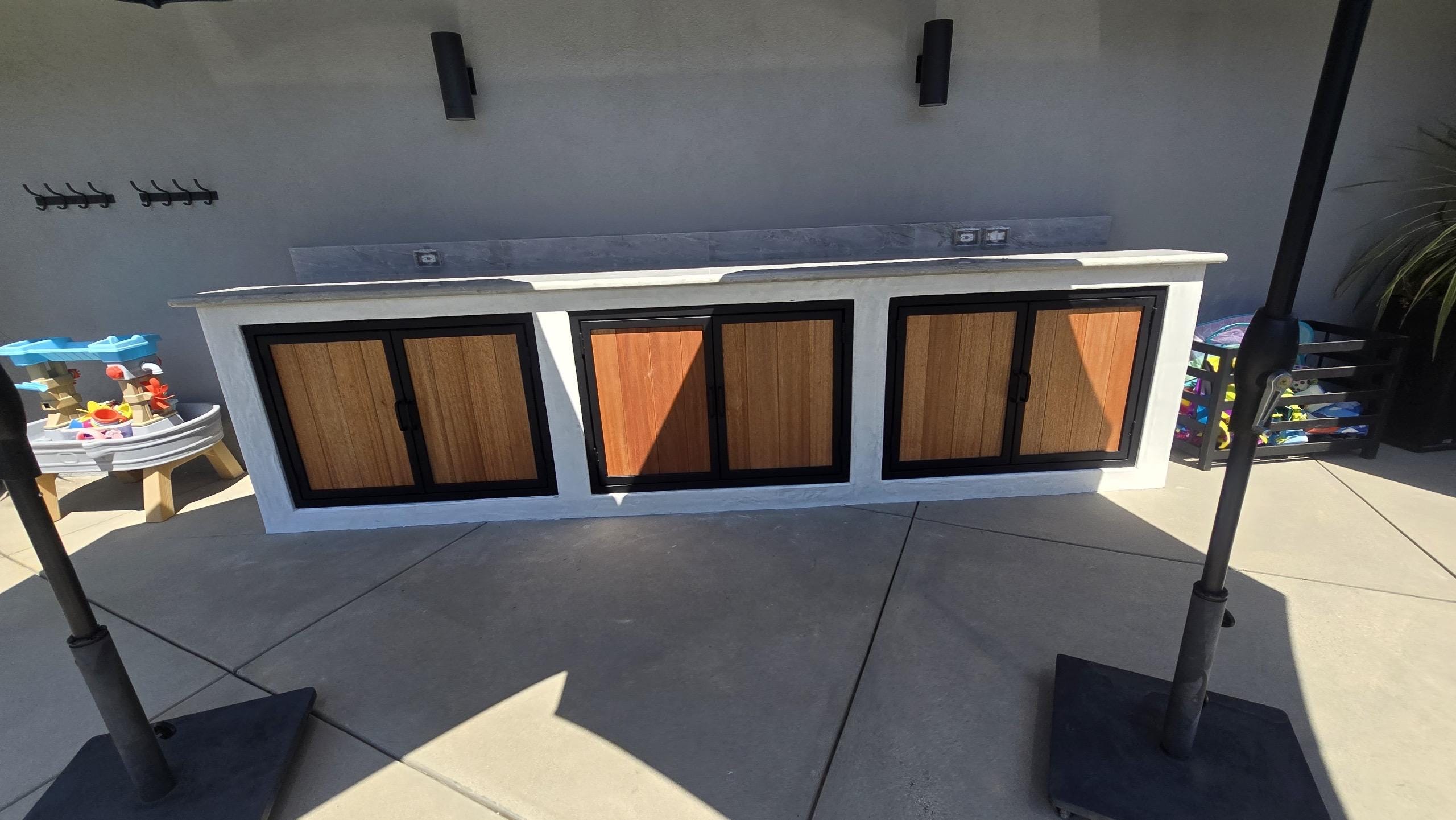 Steel Frame Outdoor Kitchen Cabinet Doors – Wood Inlay, Weatherproof BBQ Island Access