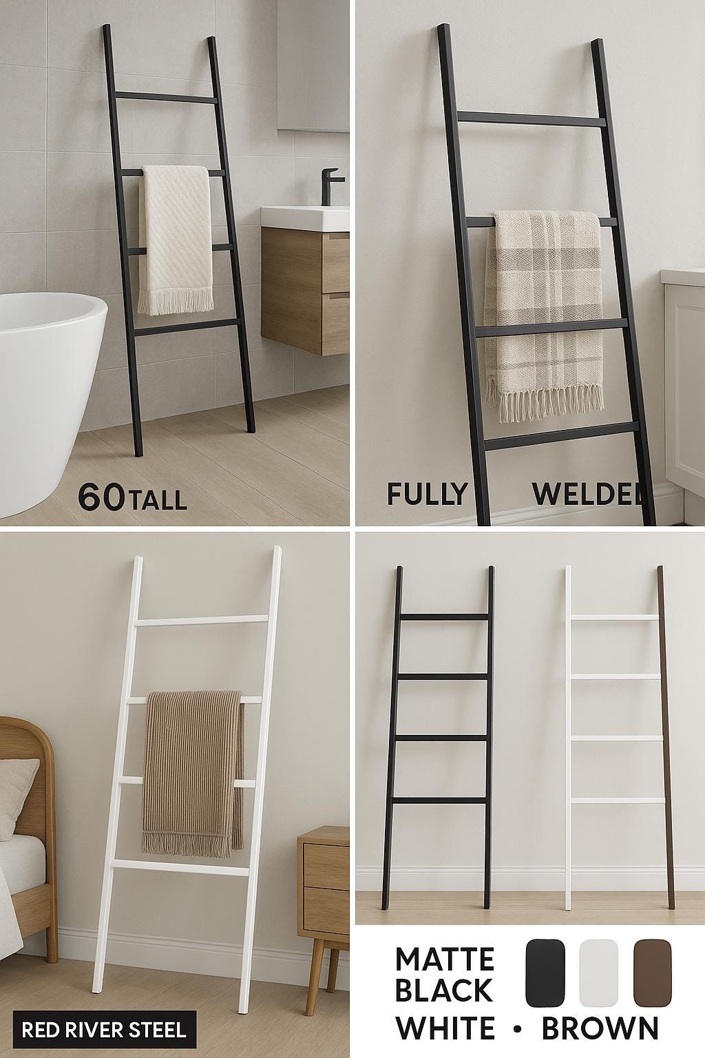 Modern Steel Towel Ladder: Freestanding Blanket Rack - Matte Black, White, Brown