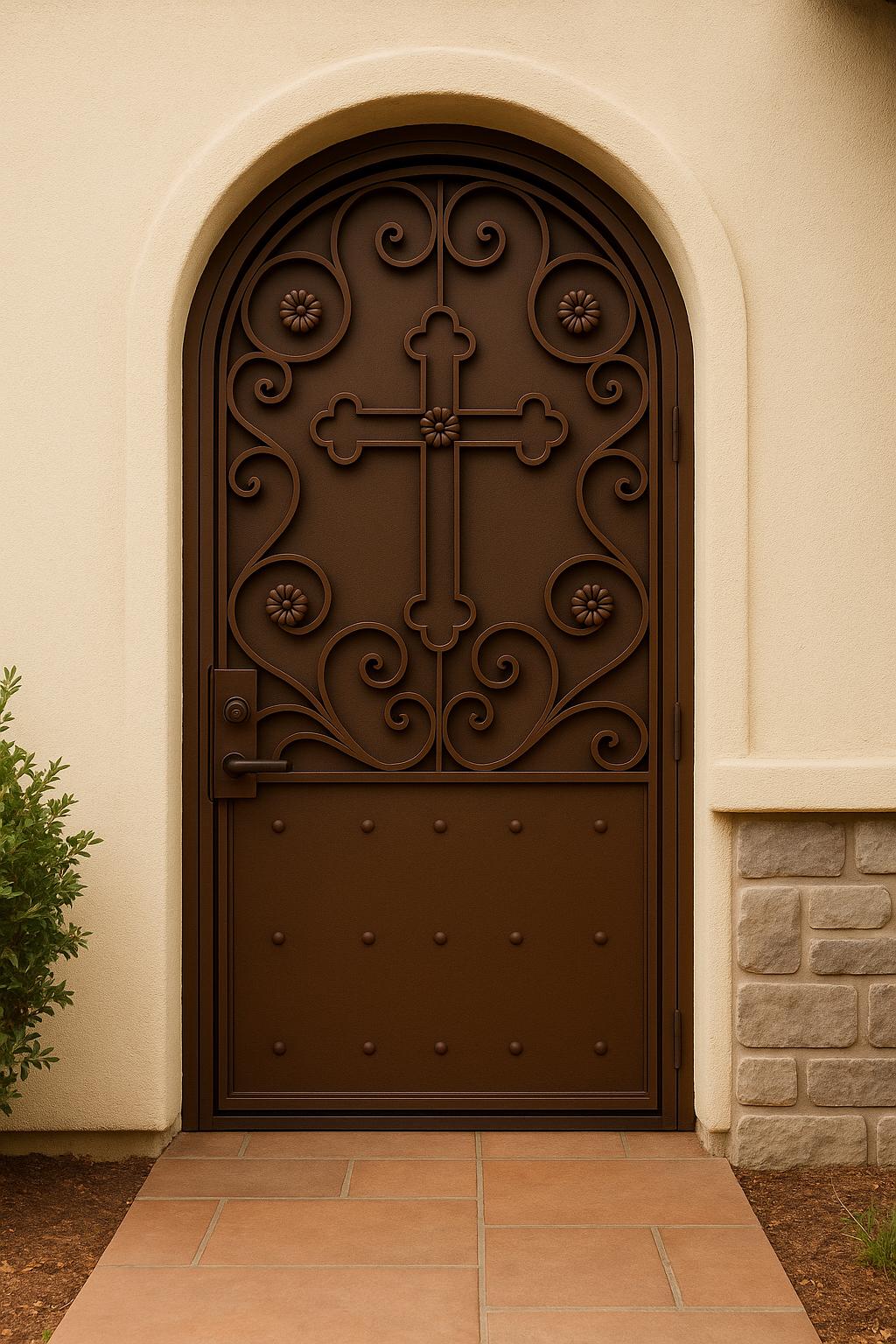 Luxury Arched Wrought Iron Door – Cross Scroll Security Entry Gate Custom Made