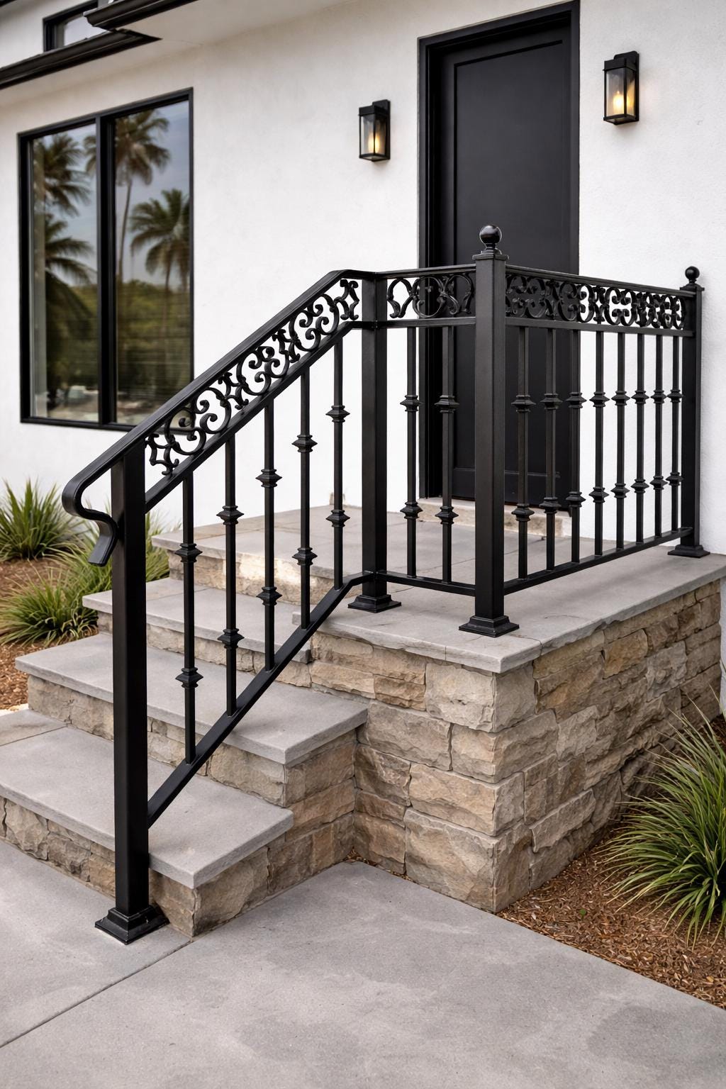 Verona Crest Scroll Landing Handrail, Custom Wrought Iron Stair Railing, Decorative Porch Rail, Outdoor Entry Handrail, Metal Step Guardrail