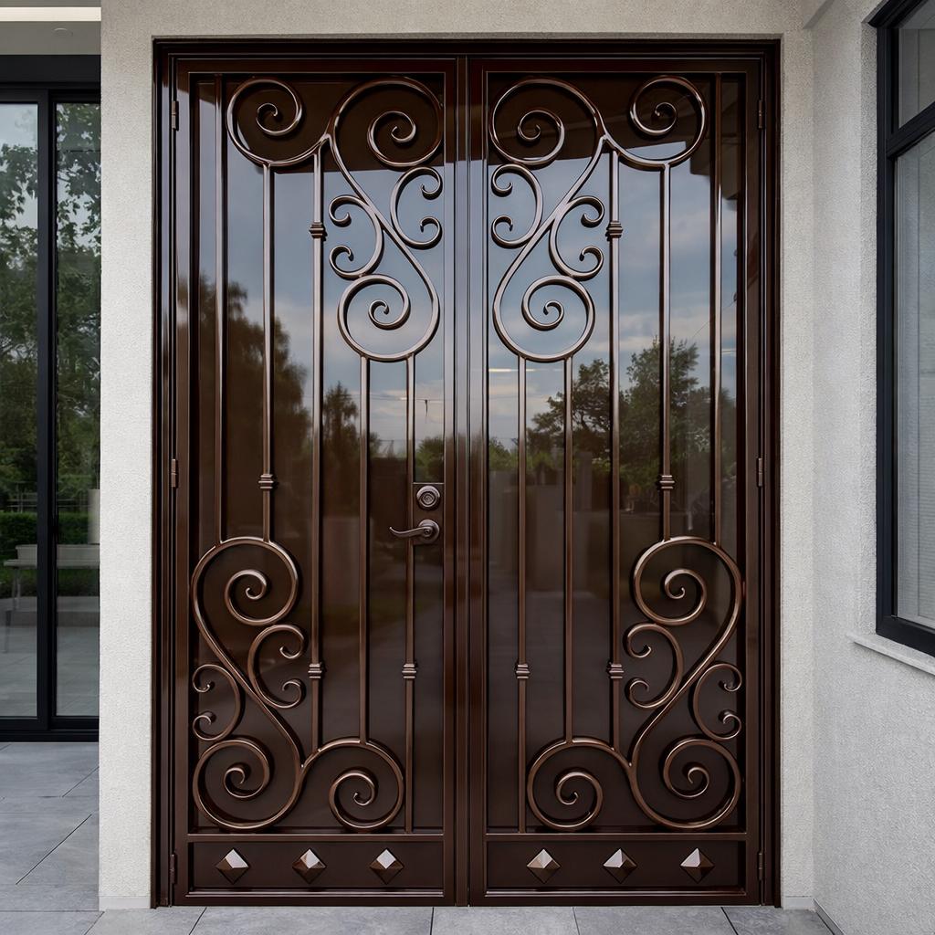 Valencrest Double Iron Entry Door, Decorative Scroll Steel Security Gate