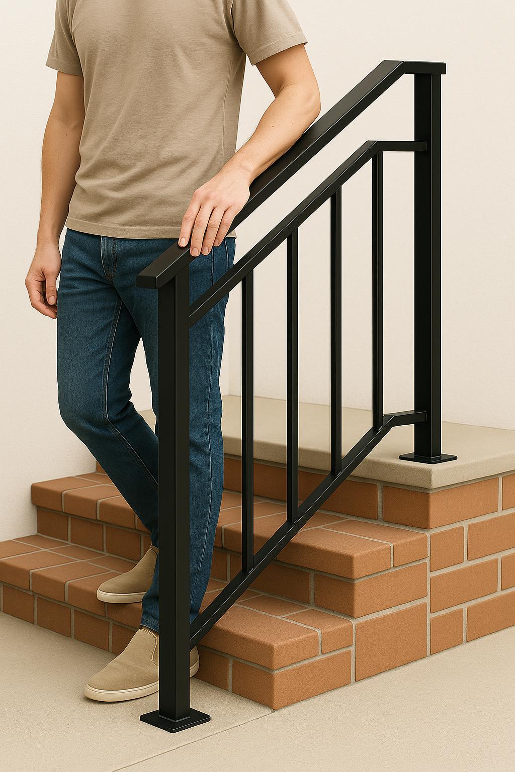 Modern Metal Stair Railing - Welded Steel Handrail, Wall Mounted 3-Step Stairway Rail
