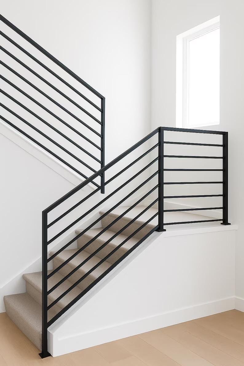 Custom Steel Stair Railing – Modern Horizontal Bar Handrail, ADA-Compliant Indoor/Outdoor Step Rail