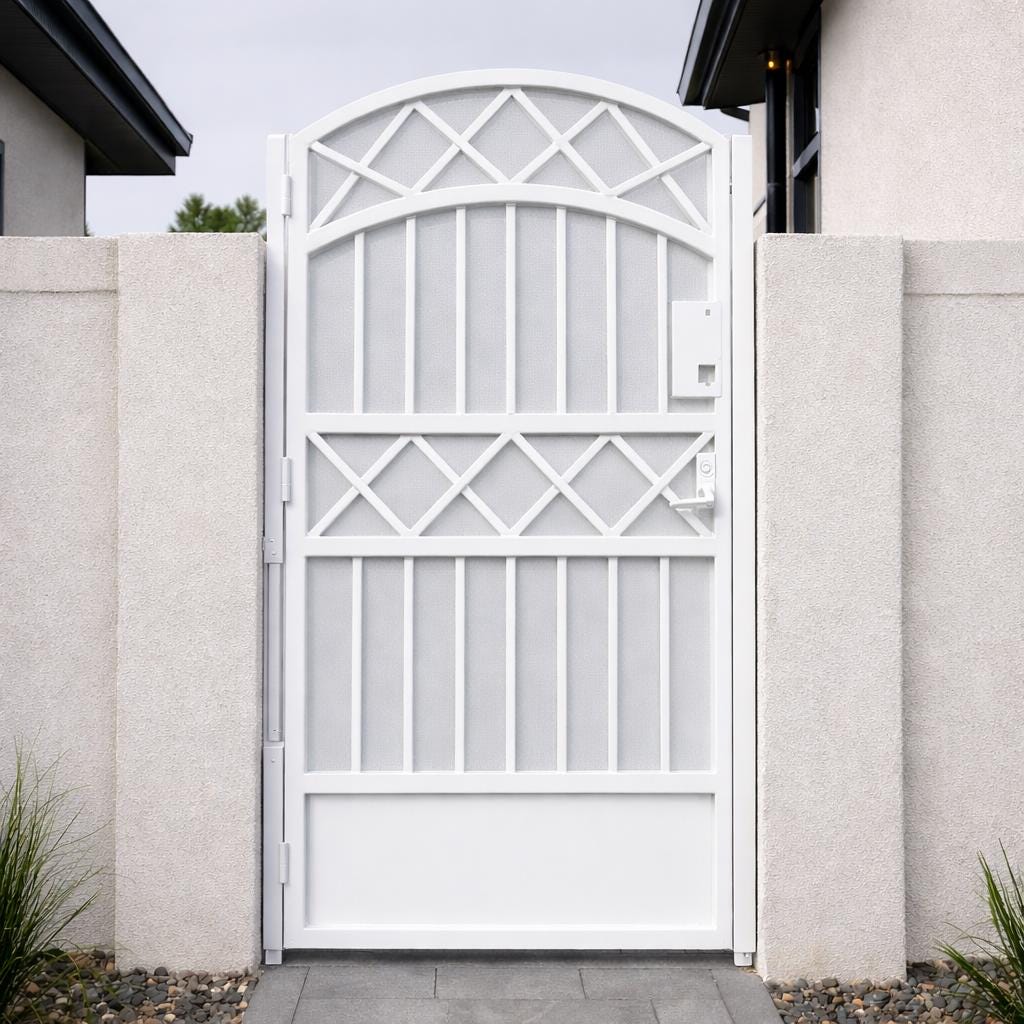 Shadowcrest Arched Steel Security Gate – Modern Black Metal Garden Entry Fence (Privacy Panel)