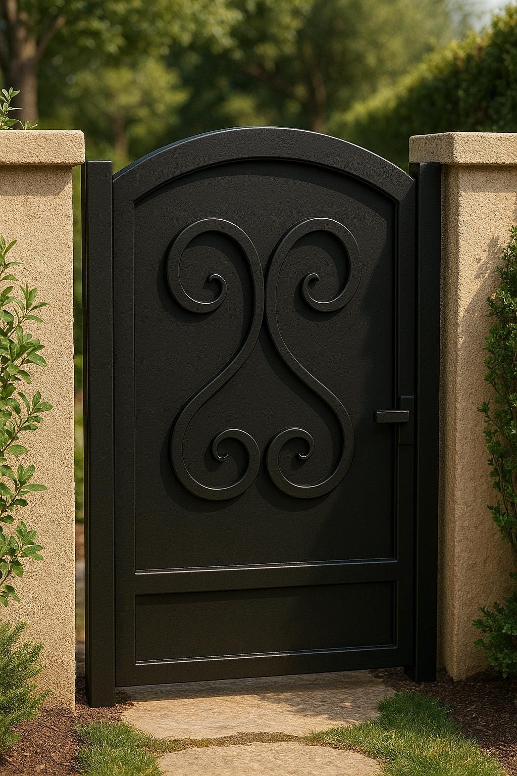 Wrought Iron Garden Gate: Arched Scroll Steel Entry - 36"x48"