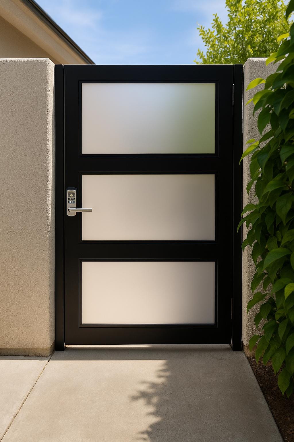 Modern Frosted Glass Privacy Gate: Brown Steel Frame Side Yard Door