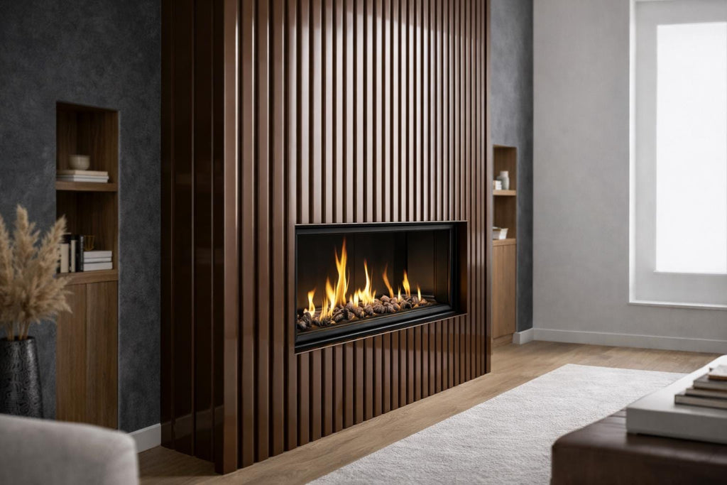 Modern Steel Fireplace Wall – Custom Metal Fireplace Surround, Vertical Slat Feature Wall, Contemporary Steel Fireplace Mantel