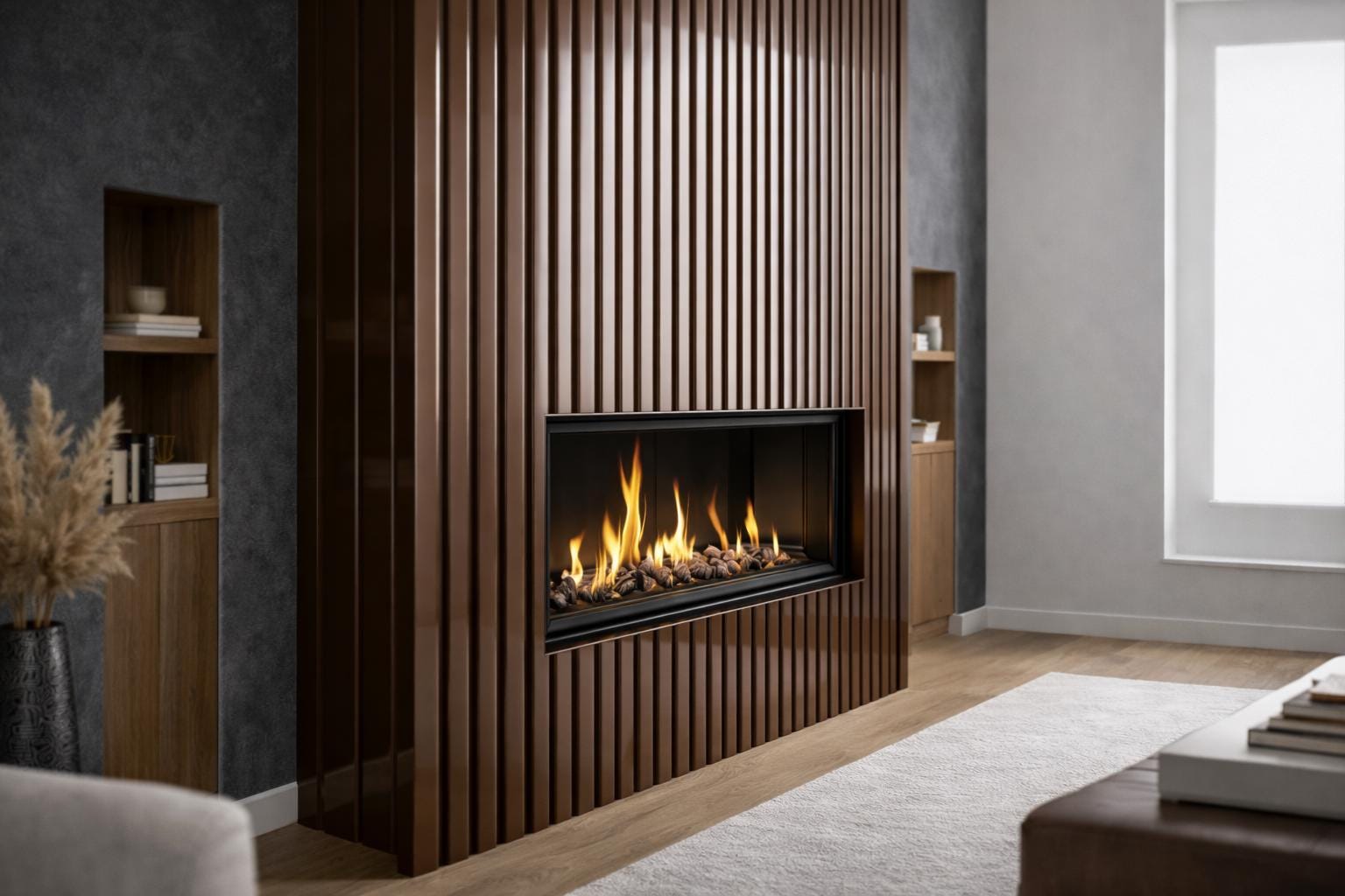 Modern Steel Fireplace Wall – Custom Metal Fireplace Surround, Vertical Slat Feature Wall, Contemporary Steel Fireplace Mantel