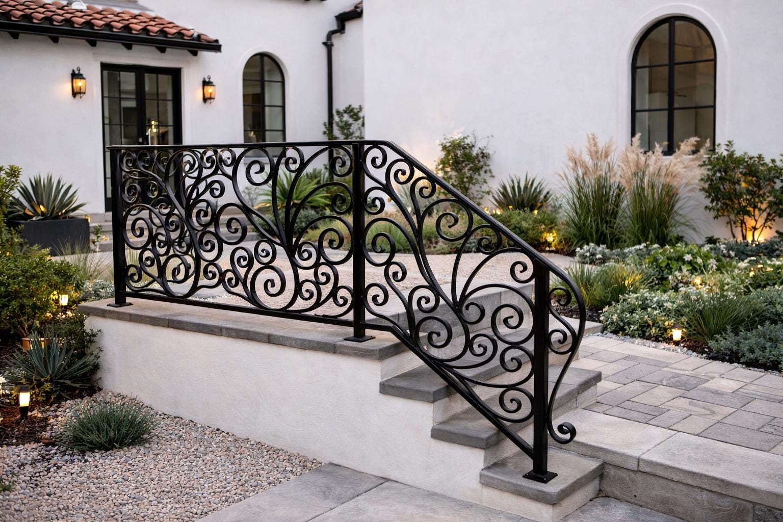 Riviera Scroll Garden Handrail, Custom Wrought Iron Stair Railing, Decorative Metal Porch Rail, Luxury Entry Handrail