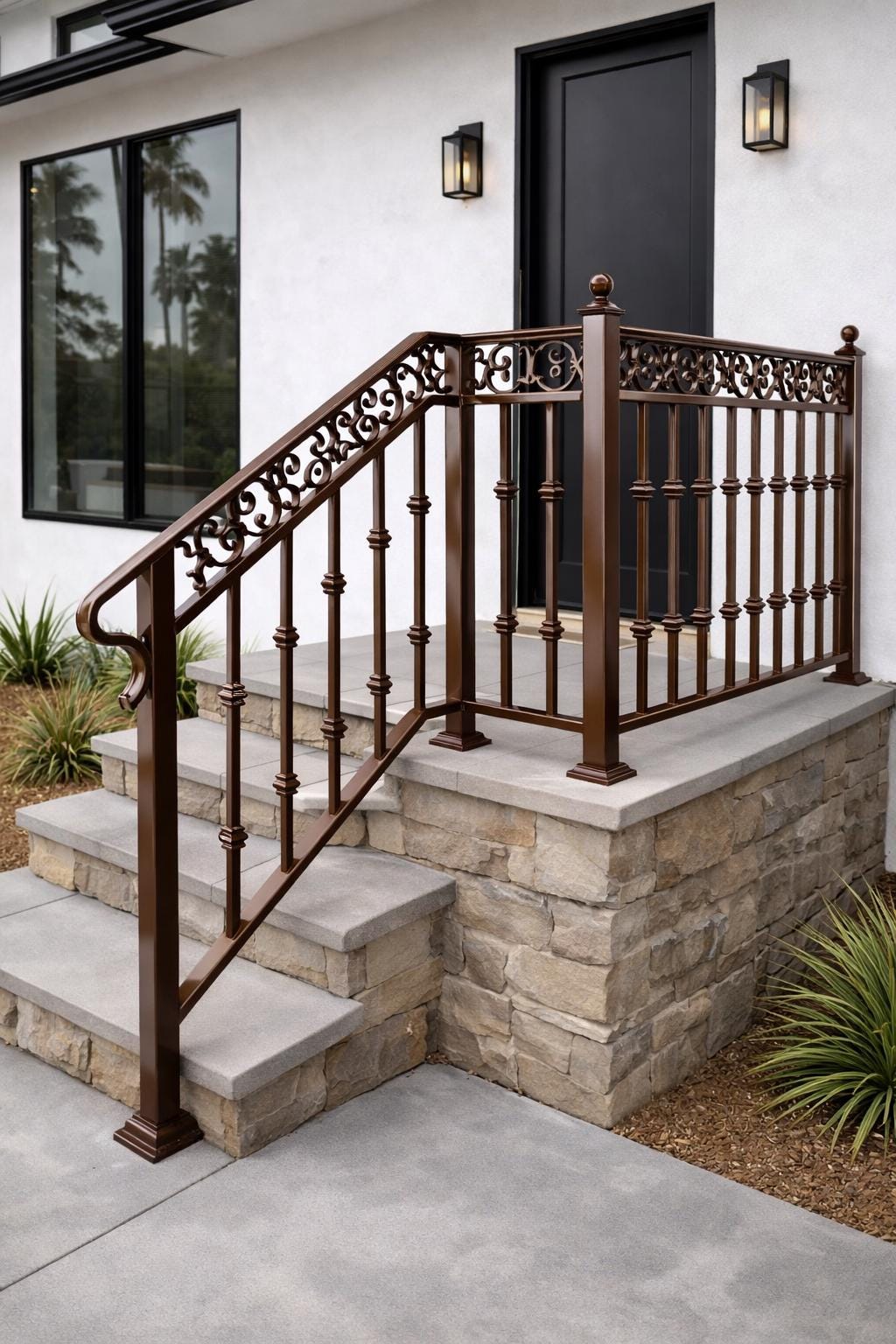 Verona Crest Scroll Landing Handrail, Custom Wrought Iron Stair Railing, Decorative Porch Rail, Outdoor Entry Handrail, Metal Step Guardrail