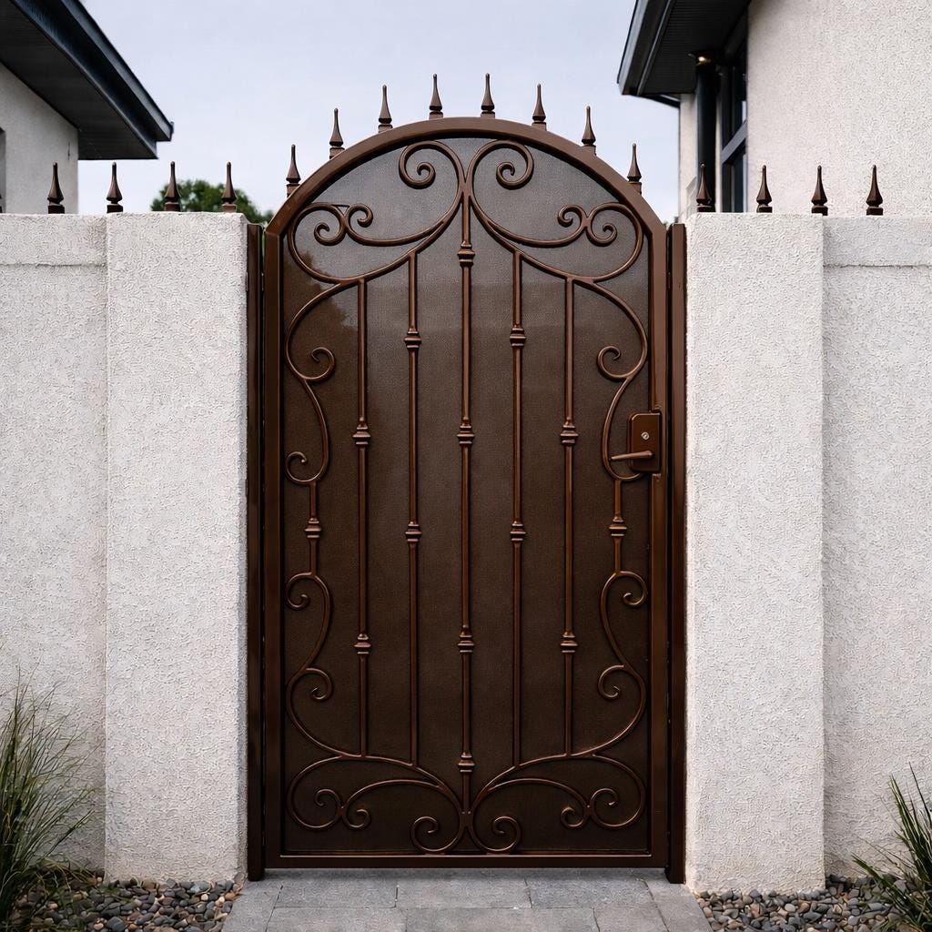 Ravencrest Arched Iron Garden Gate – Decorative Black Steel Entry Gate With Privacy Panel