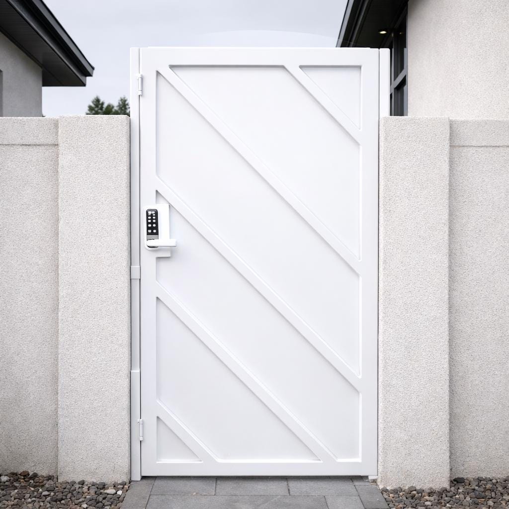 Modern White Steel Geometric Entry Gate – Security Privacy Garden Walkway Fence