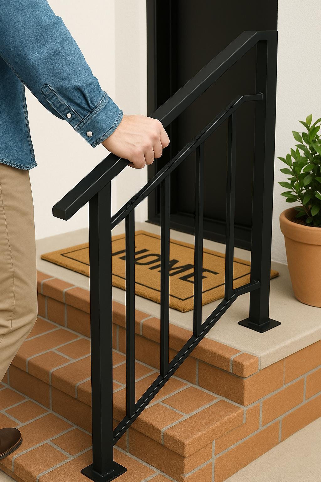 Modern Metal Stair Railing - Welded Steel Handrail, Wall Mounted 3-Step Stairway Rail