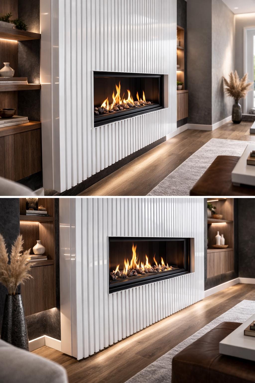 Modern Steel Fireplace Wall – Custom Metal Fireplace Surround, Vertical Slat Feature Wall, Contemporary Steel Fireplace Mantel