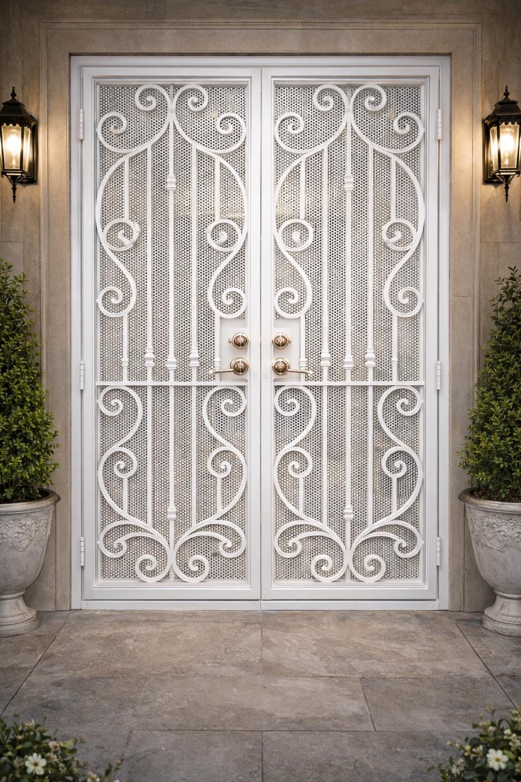 Monaco White Scroll Door | Double Security Door | Wrought Iron Entry Door | Decorative Steel Front Door | Luxury Exterior Door