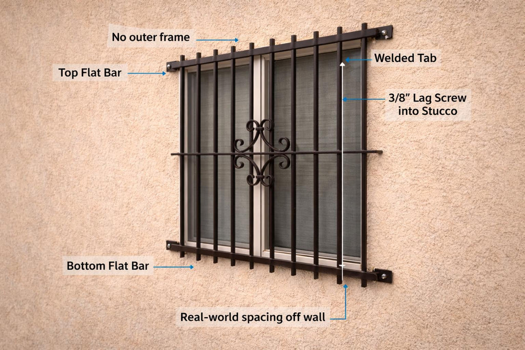 Steel Security Window Bars – Decorative Wrought Iron Window Guard – Custom Frameless Design