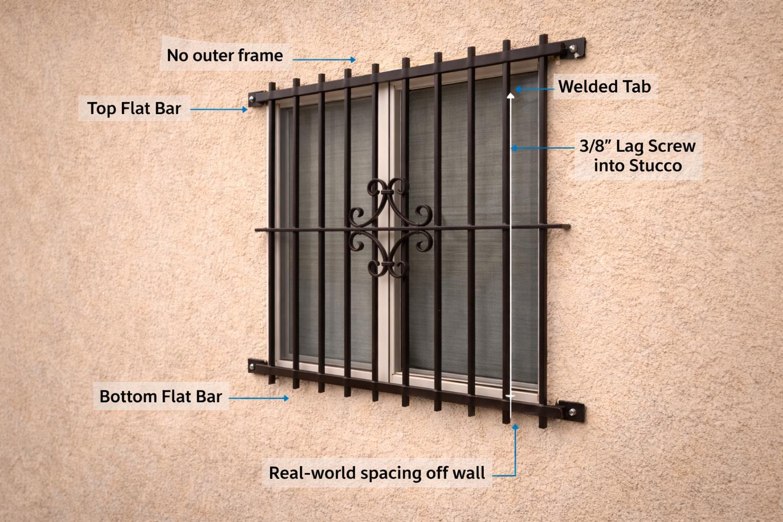 Steel Security Window Bars – Decorative Wrought Iron Window Guard – Custom Frameless Design
