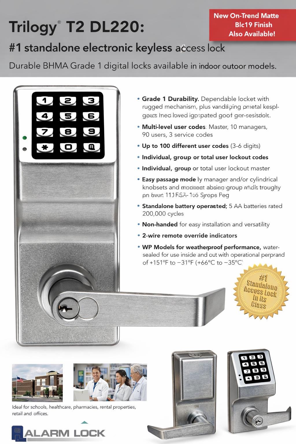 Alarm Lock Heavy-Duty Electronic Weatherproof Door Lock | Single-Sided | Schlage C Keyway
