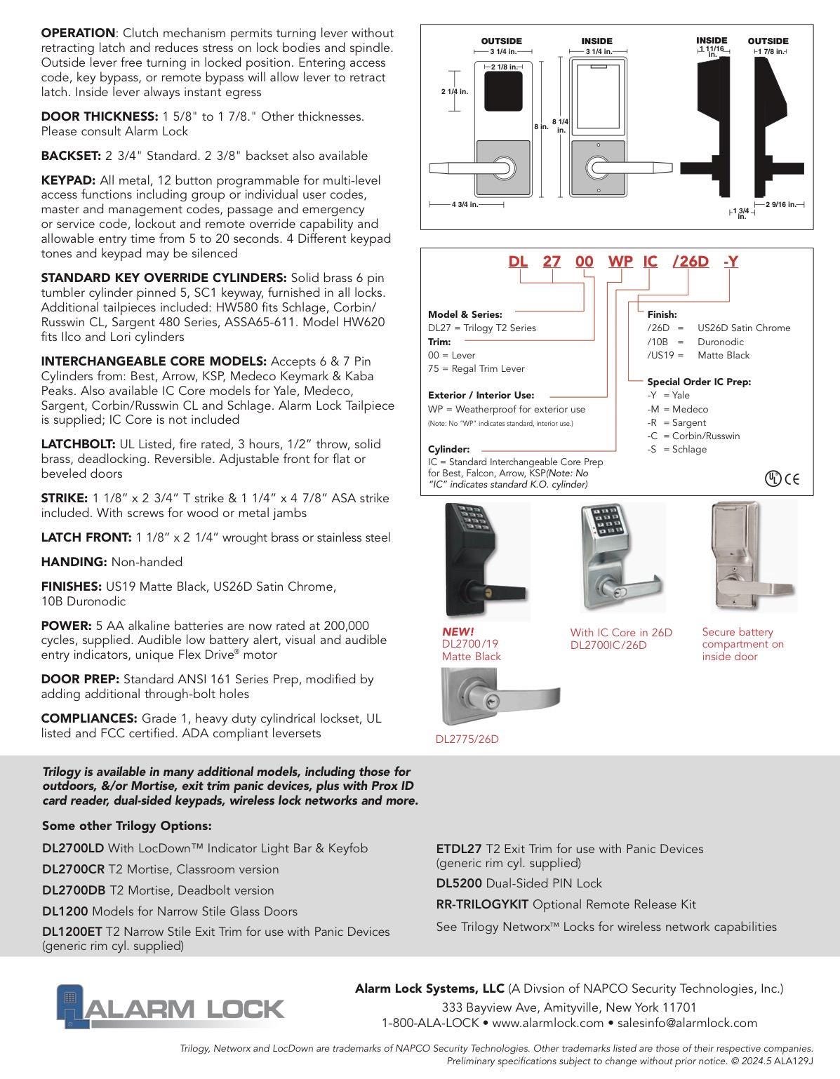 Alarm Lock Heavy-Duty Electronic Weatherproof Door Lock | Single-Sided | Schlage C Keyway