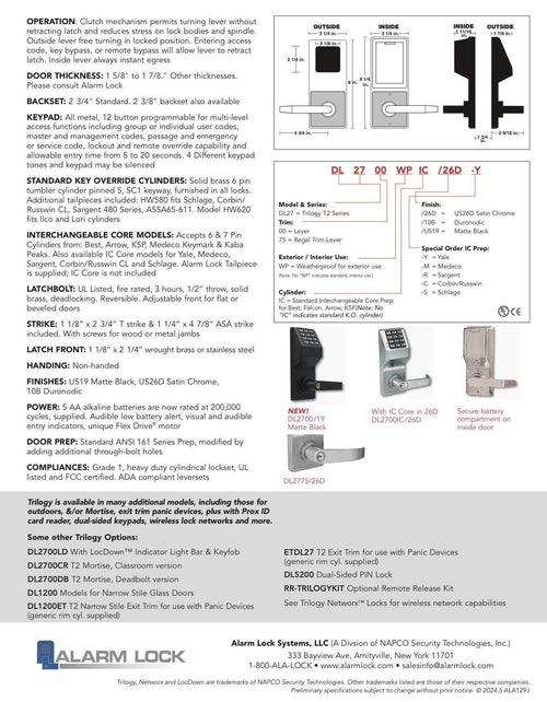 Alarm Lock Heavy-Duty Electronic Weatherproof Door Lock | Single-Sided | Schlage C Keyway