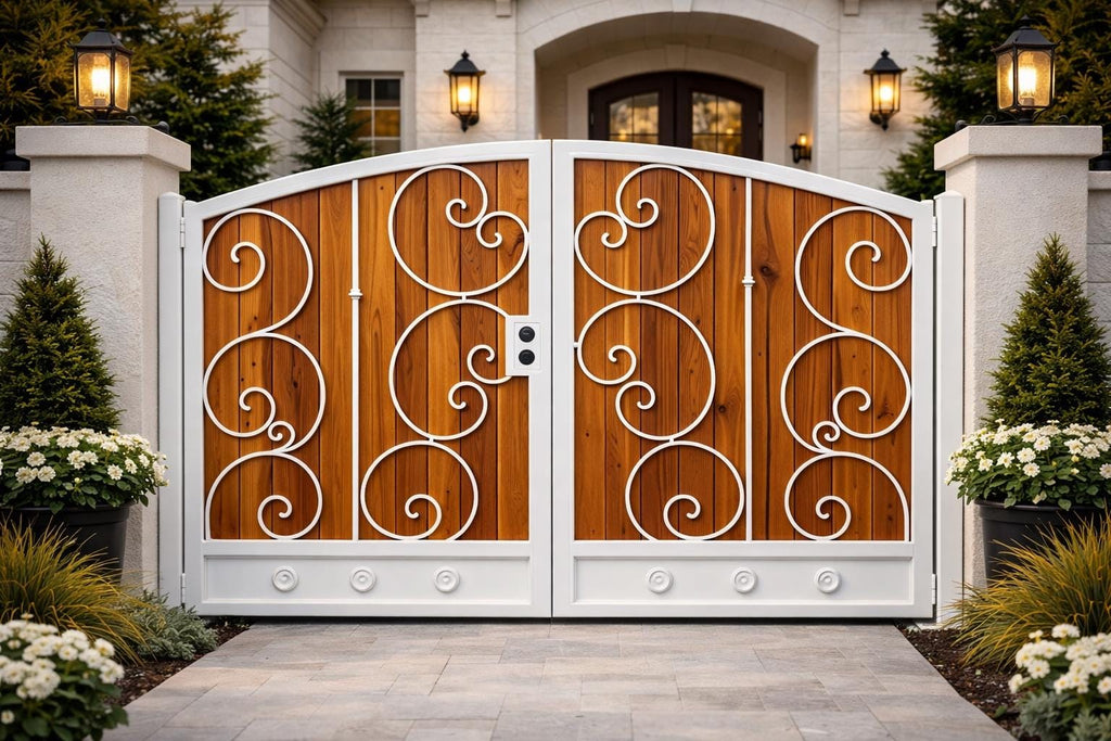 Raventa Wrought Iron and Wood Pedestrian Gate - Custom Steel Walkway Entry Door