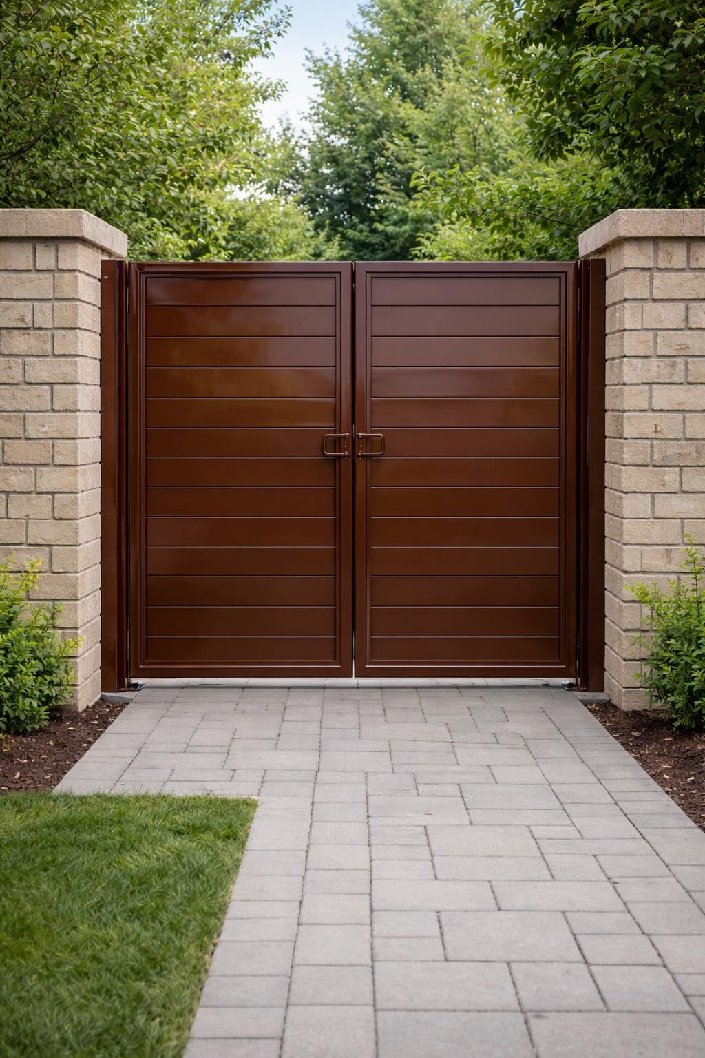 Modern Double Steel Driveway Gate | Horizontal Panel Privacy Entry Gate | Custom Powder Coated
