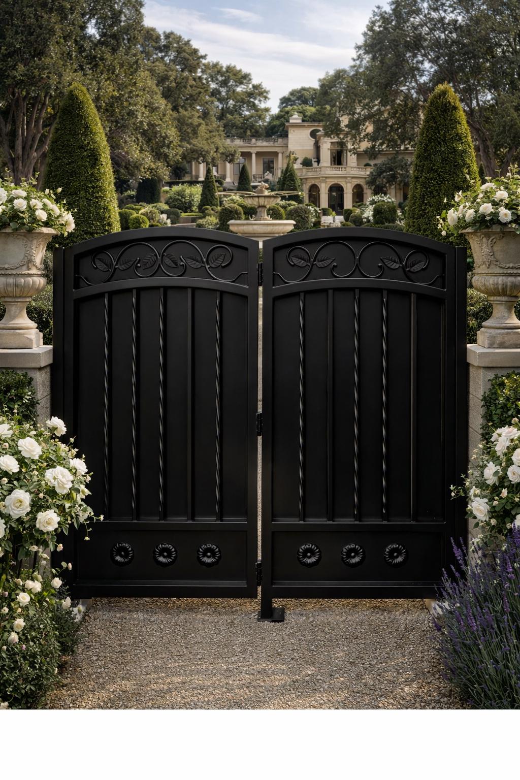 Valcera Estate Scroll Double Driveway Gate - Arched Steel Garden Entrance, Custom Powder Coat