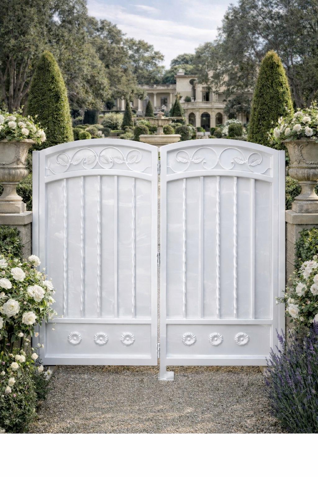 Valcera Estate Scroll Double Driveway Gate - Arched Steel Garden Entrance, Custom Powder Coat