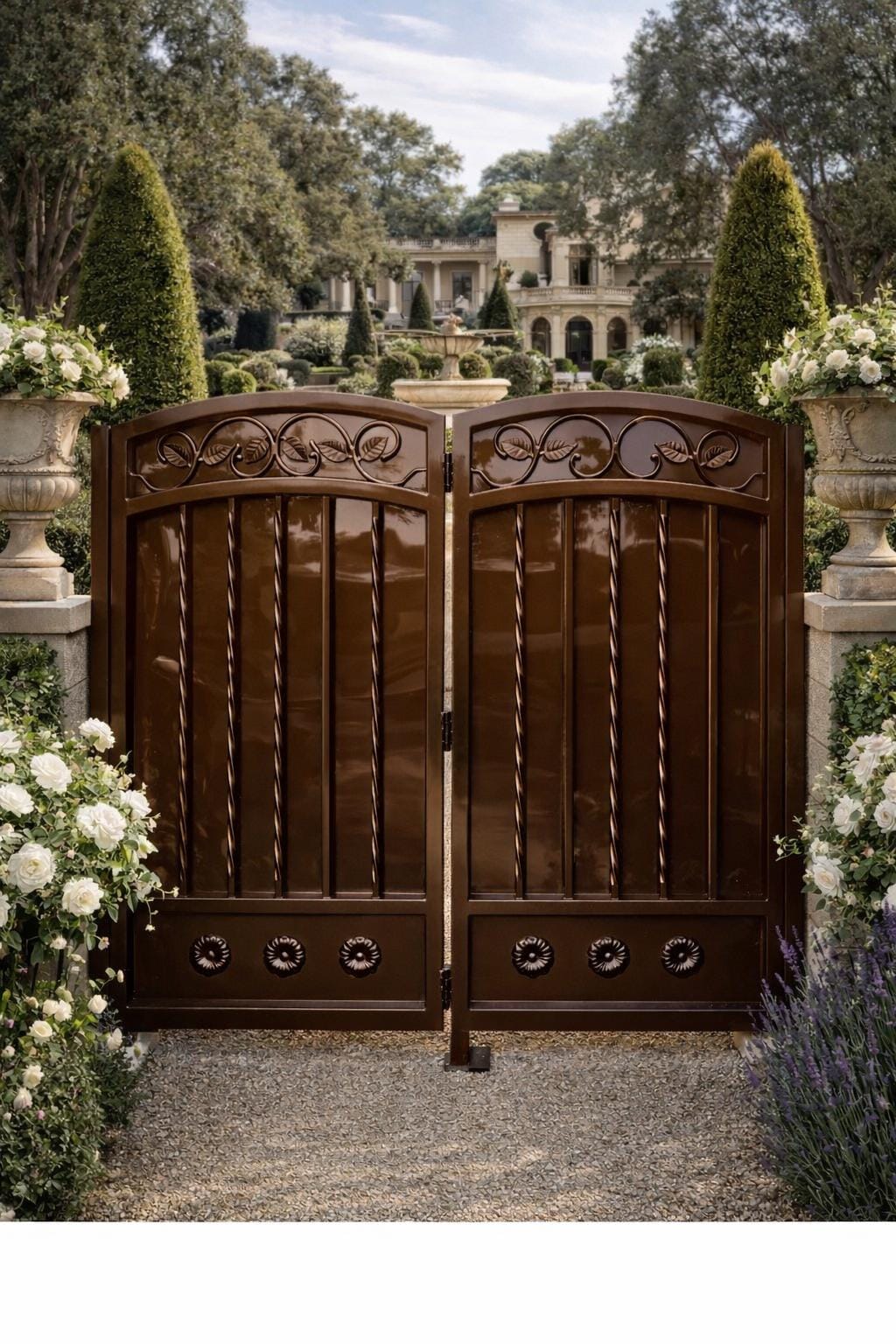 Valcera Estate Scroll Double Driveway Gate - Arched Steel Garden Entrance, Custom Powder Coat