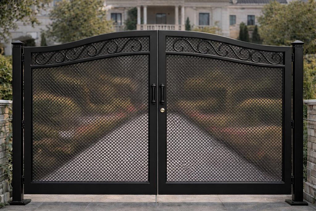 Siena Crest Arched Double Wrought Iron Driveway Gate | Estate Entry Security, Matte Black