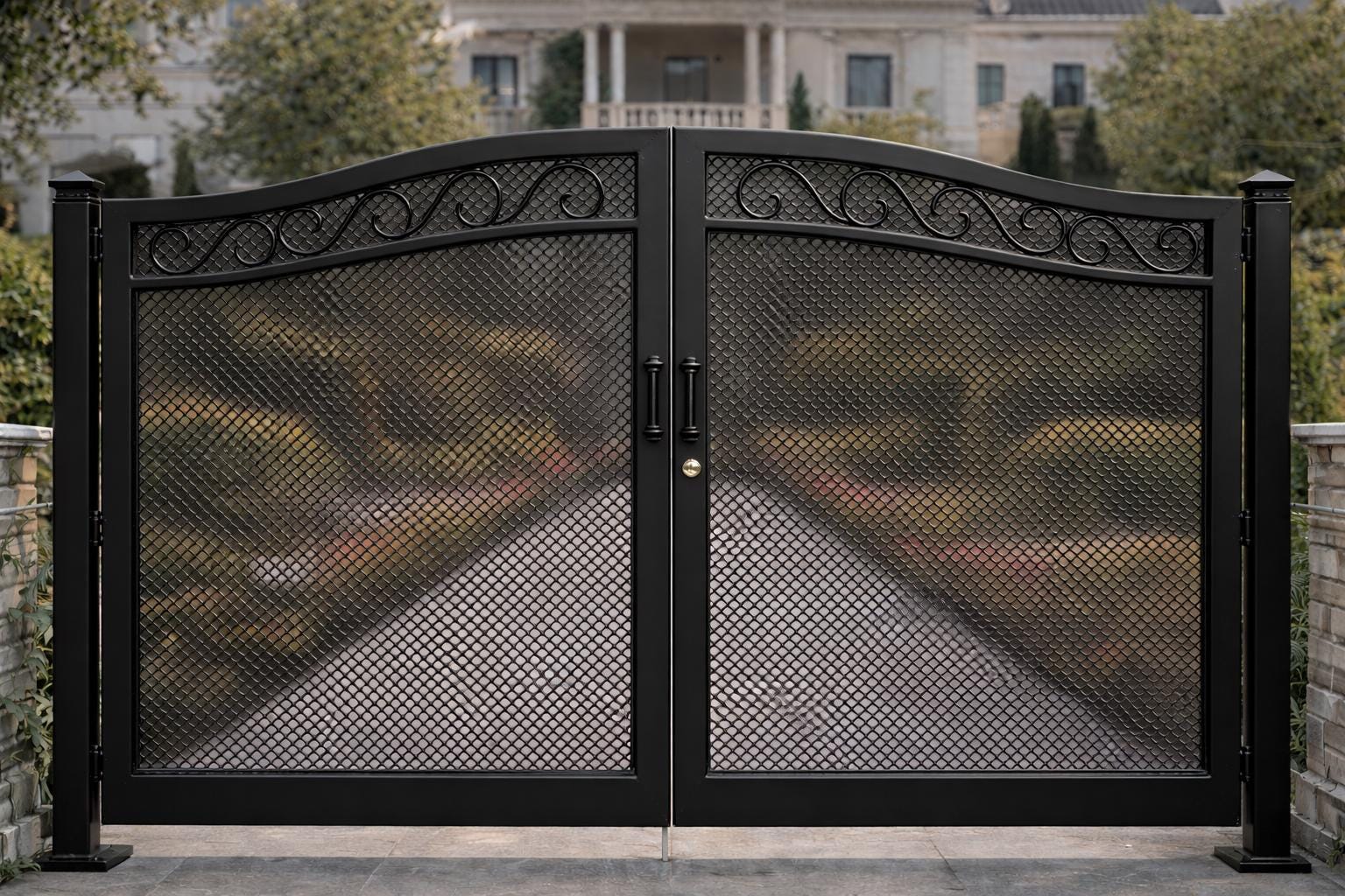 Siena Crest Arched Double Wrought Iron Driveway Gate | Estate Entry Security, Matte Black