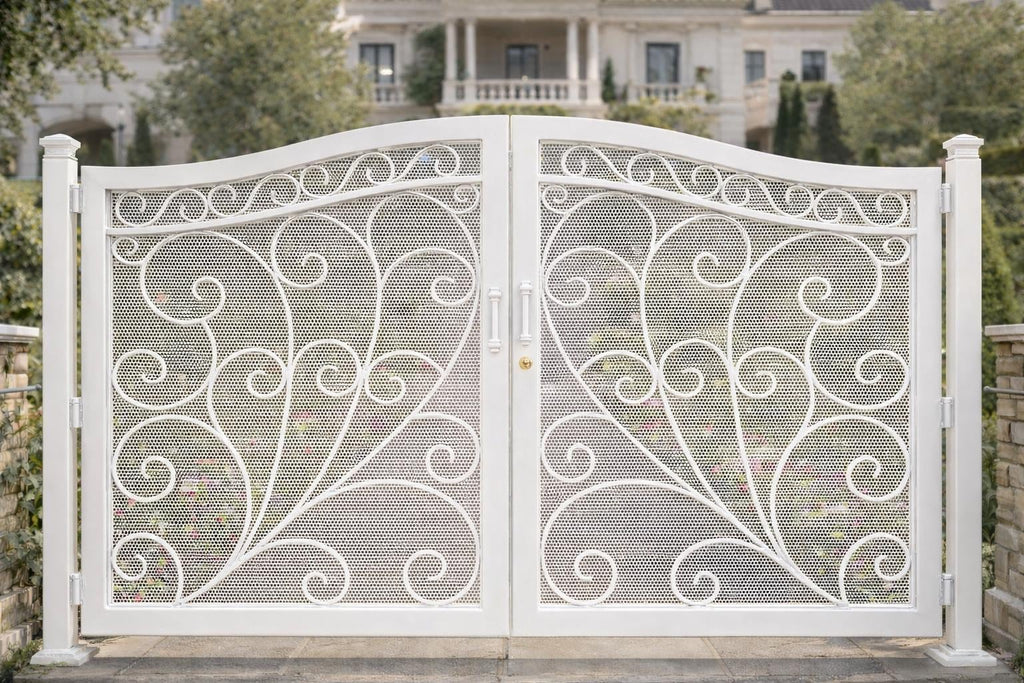 Portofino Royale Arched Double Wrought Iron Driveway Gate | Luxury Scroll Estate Entry Matte Black