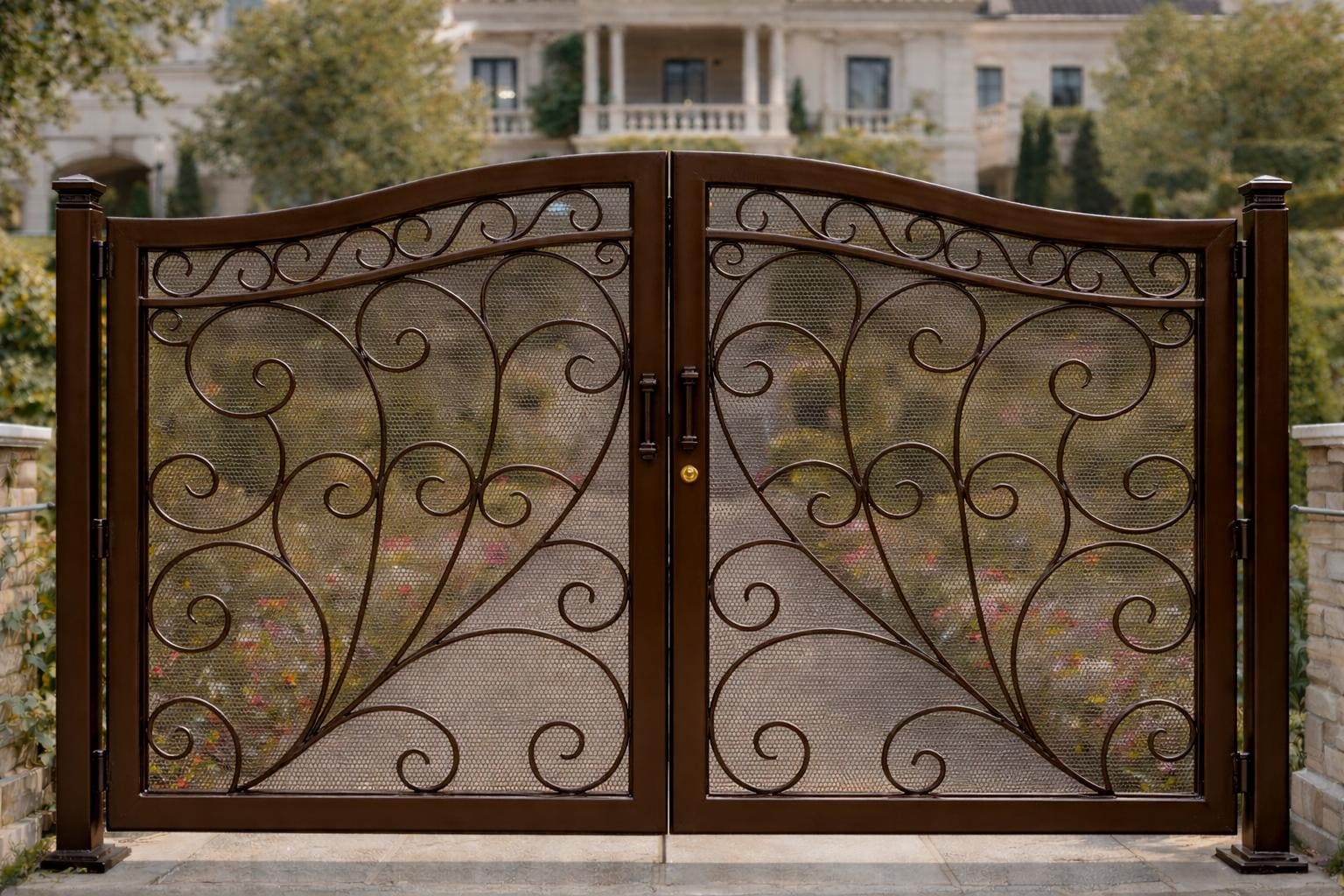 Portofino Royale Arched Double Wrought Iron Driveway Gate | Luxury Scroll Estate Entry Matte Black