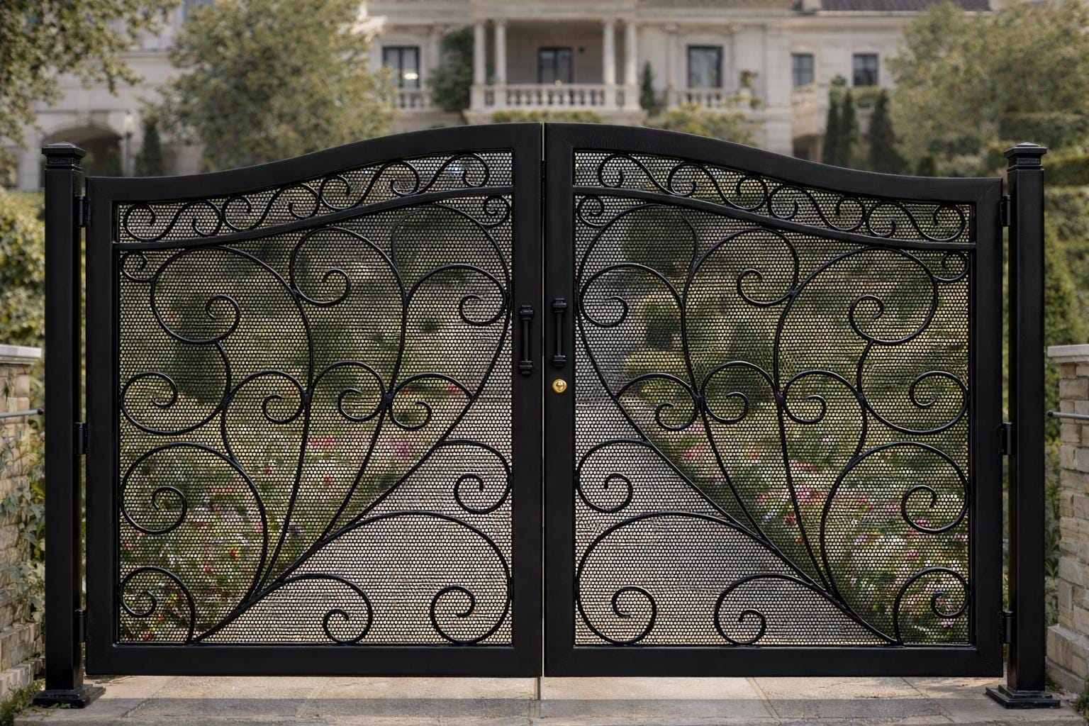 Portofino Royale Arched Double Wrought Iron Driveway Gate | Luxury Scroll Estate Entry Matte Black