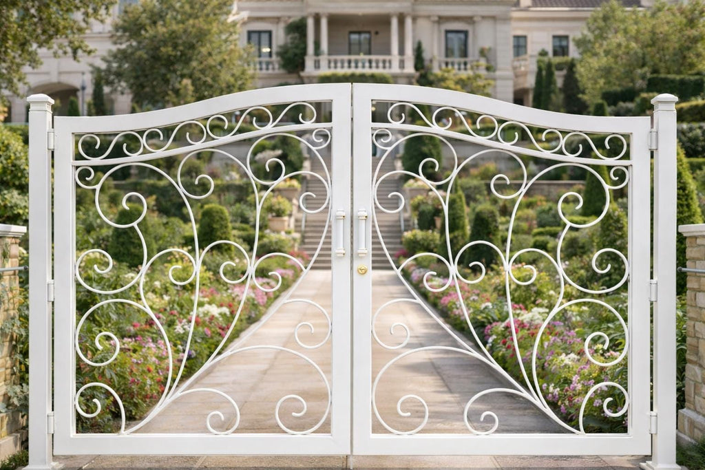Monaco Vista Arched Double Wrought Iron Driveway Gate | Luxury Scroll Estate Entry Matte Black