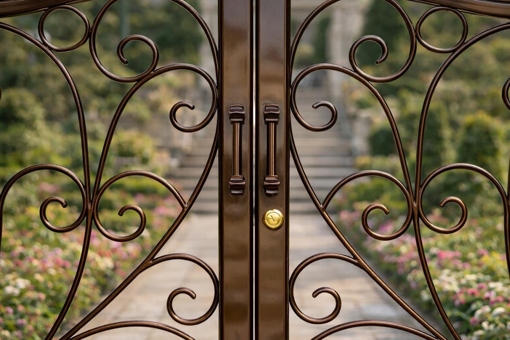 Monaco Vista Arched Double Wrought Iron Driveway Gate | Luxury Scroll Estate Entry Matte Black