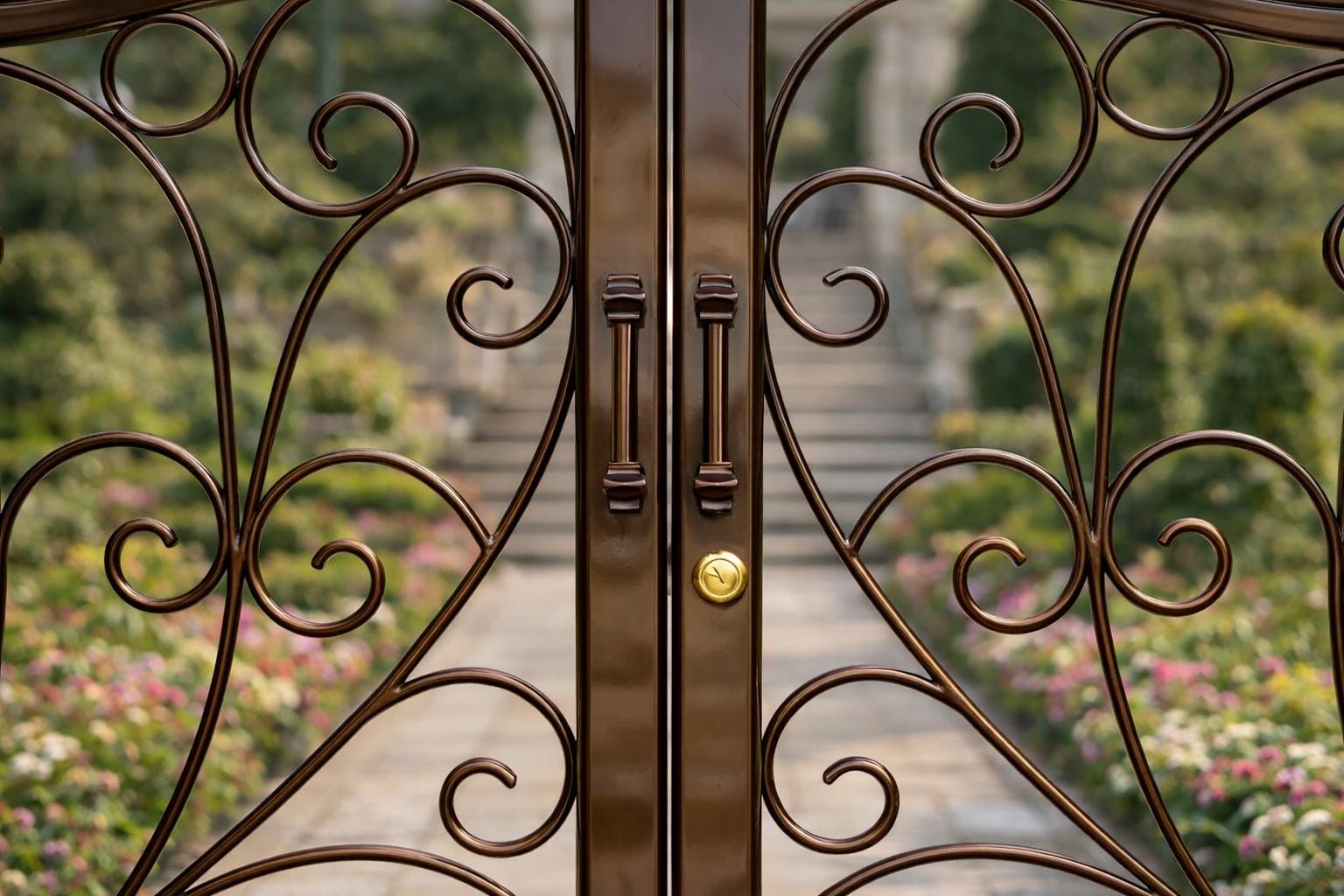 Monaco Vista Arched Double Wrought Iron Driveway Gate | Luxury Scroll Estate Entry Matte Black