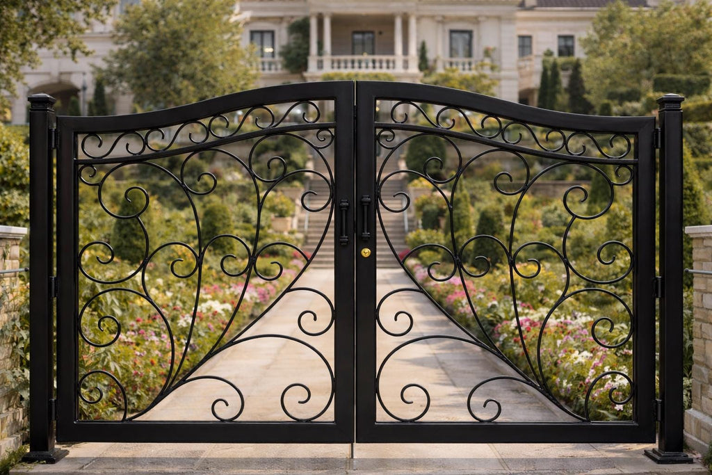 Monaco Vista Arched Double Wrought Iron Driveway Gate | Luxury Scroll Estate Entry Matte Black