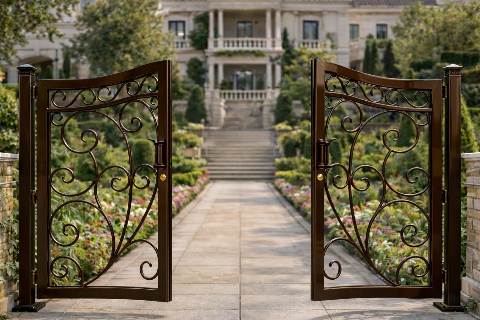 Monaco Vista Arched Double Wrought Iron Driveway Gate | Luxury Scroll Estate Entry Matte Black