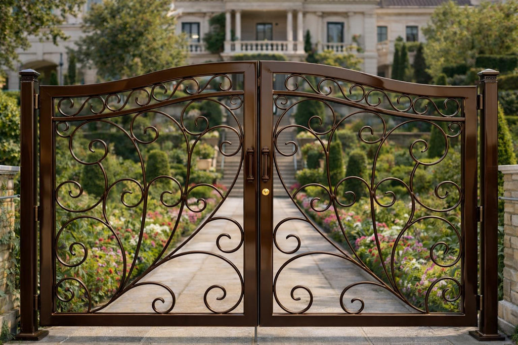 Monaco Vista Arched Double Wrought Iron Driveway Gate | Luxury Scroll Estate Entry Matte Black