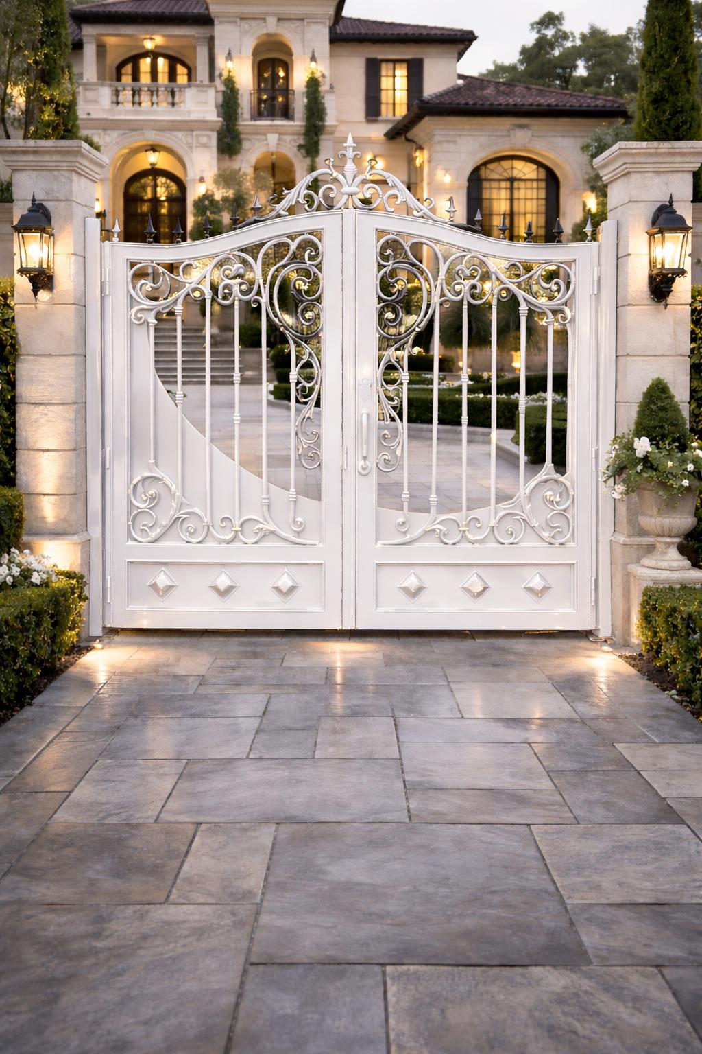 Wrought Iron Driveway Gate | Arched Scroll Estate Entry, Matte Black Finish