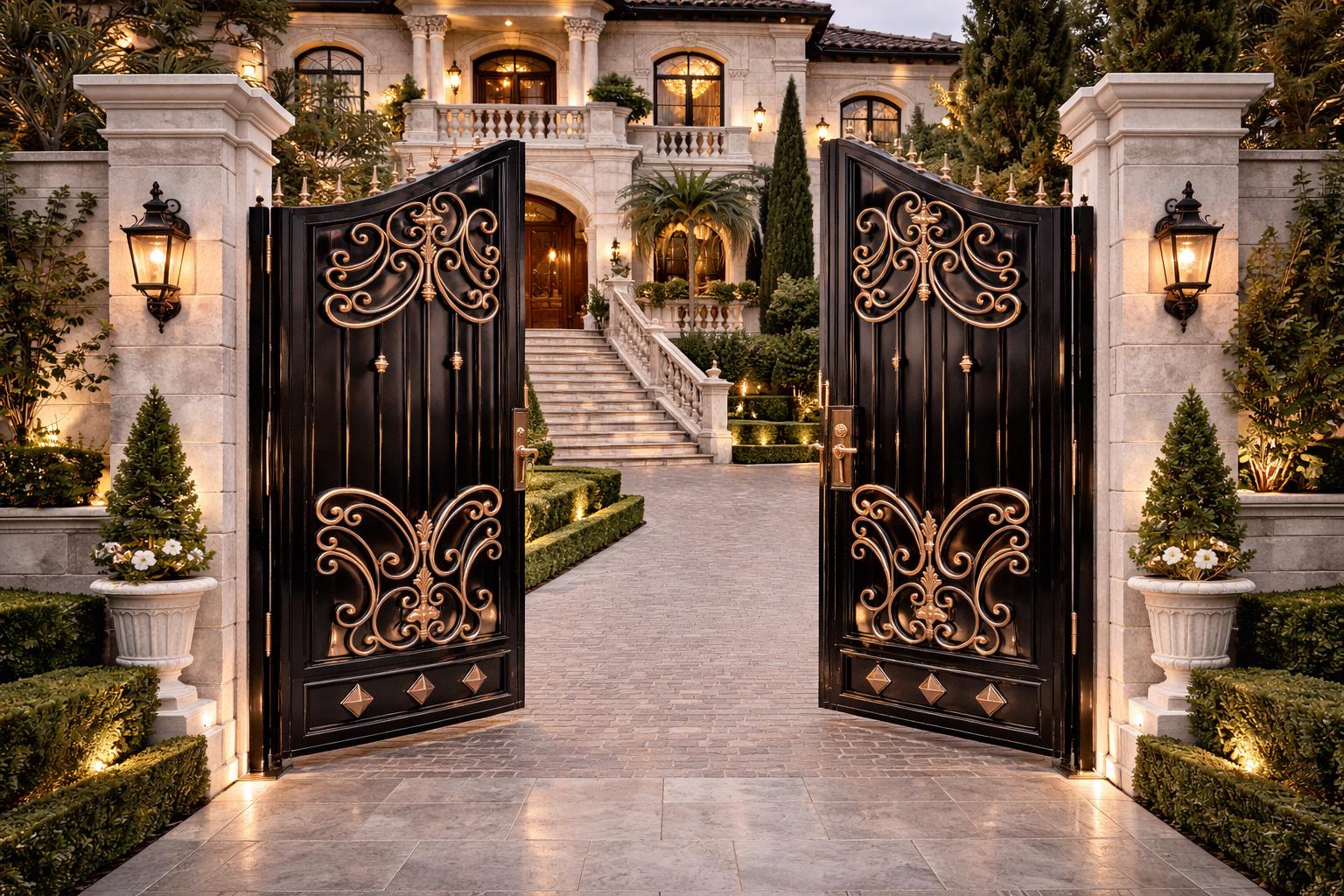 Regalcrest Imperia Wrought Iron Driveway Gate - Arched Estate Entry with Gold Accents