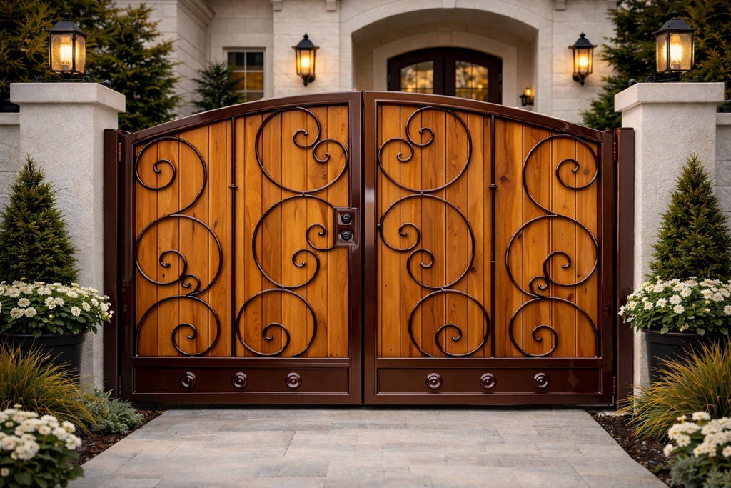 Raventa Wrought Iron and Wood Pedestrian Gate - Custom Steel Walkway Entry Door