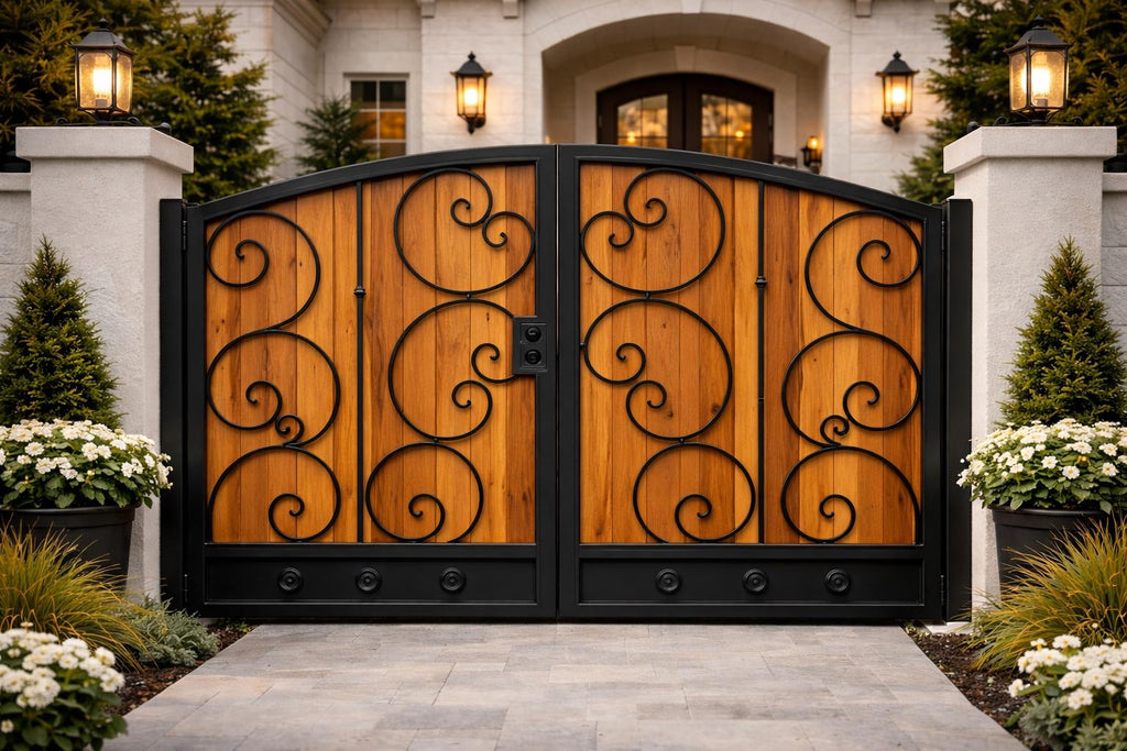 Raventa Wrought Iron and Wood Pedestrian Gate - Custom Steel Walkway Entry Door
