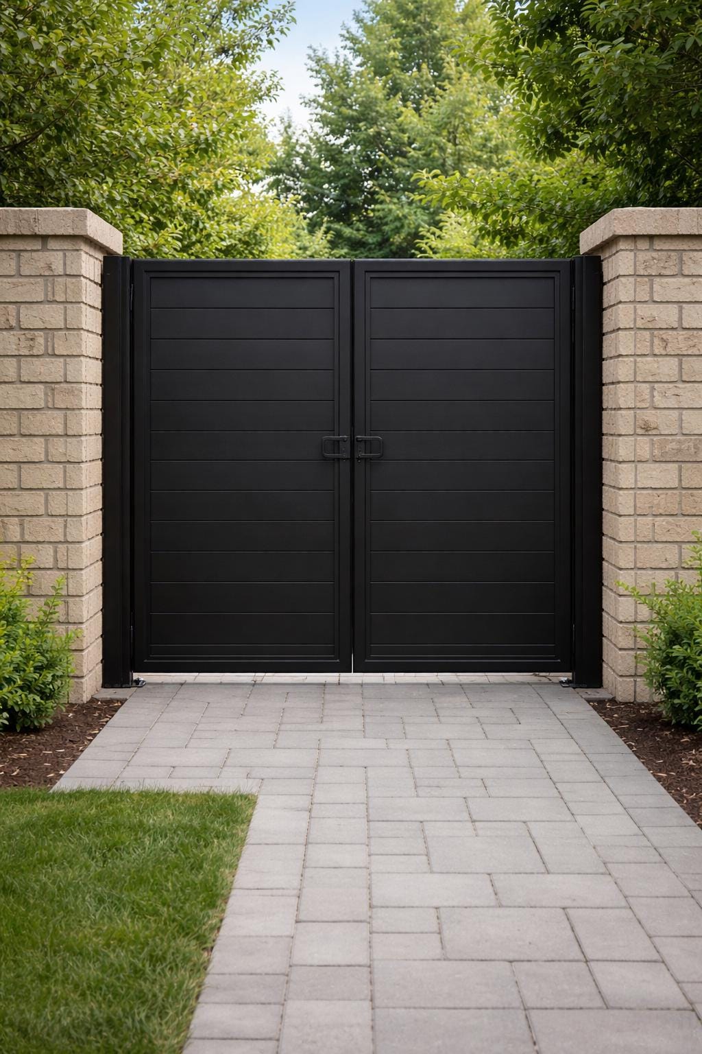 Modern Double Steel Driveway Gate | Horizontal Panel Privacy Entry Gate | Custom Powder Coated