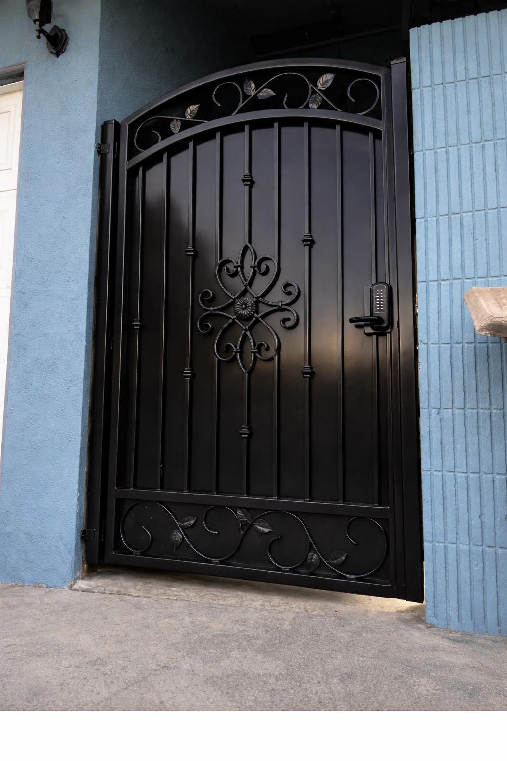 Norvanta Forge Arched Wrought Iron Entry Door - Decorative Scroll Security Gate, Matte Black