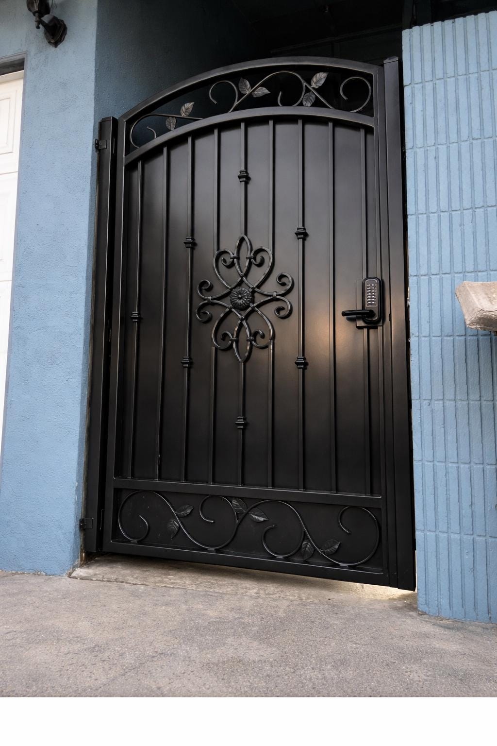 Norvanta Forge Arched Wrought Iron Entry Door - Decorative Scroll Security Gate, Matte Black