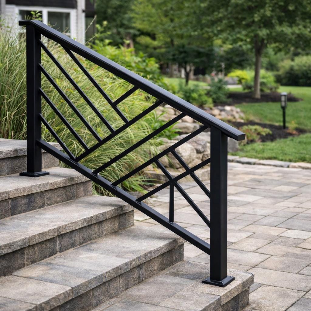 Meridian Modern Exterior Stair Railing | Geometric Steel Handrail System | Matte Black