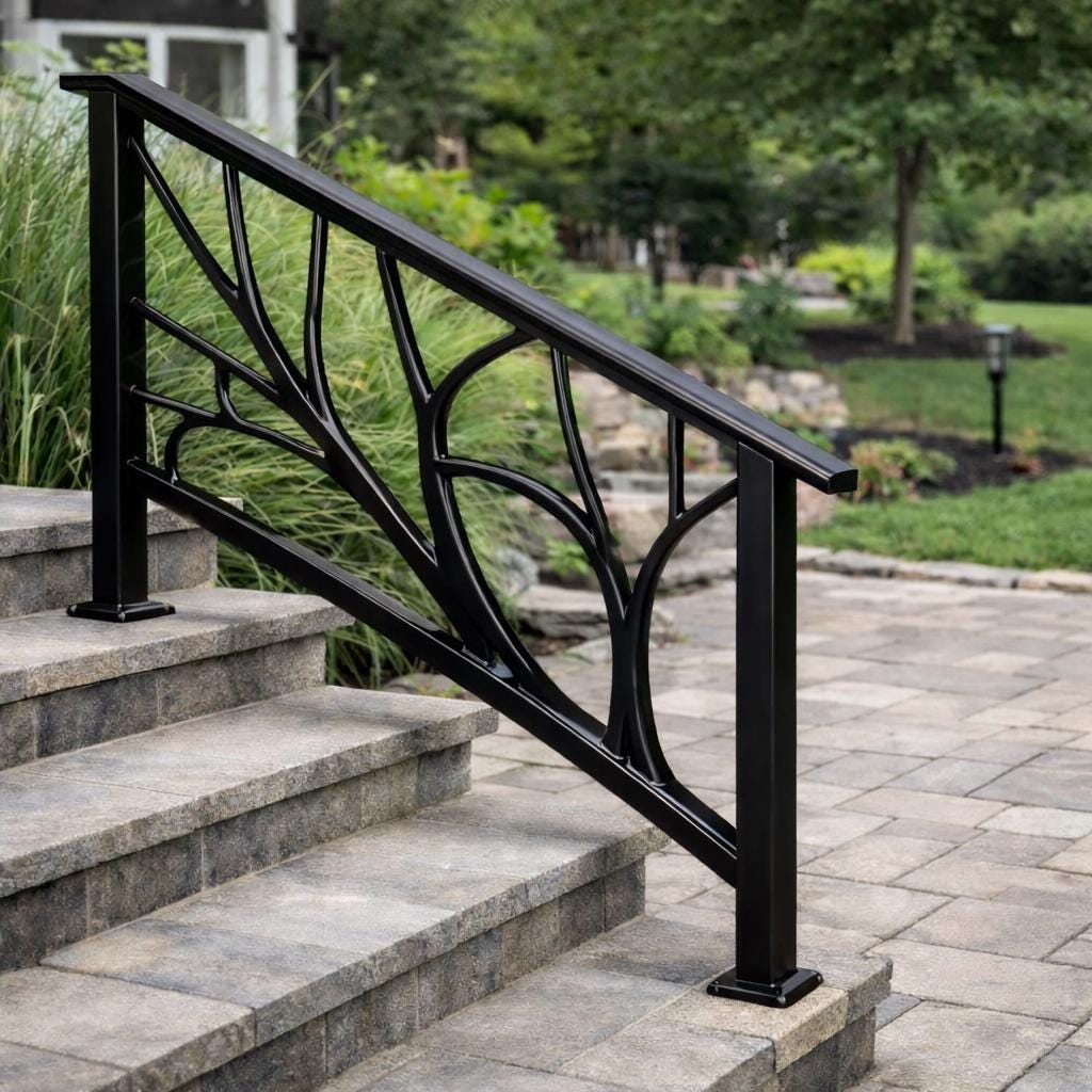 Arborline Modern Exterior Stair Railing | Organic Steel Handrail System | Matte Black